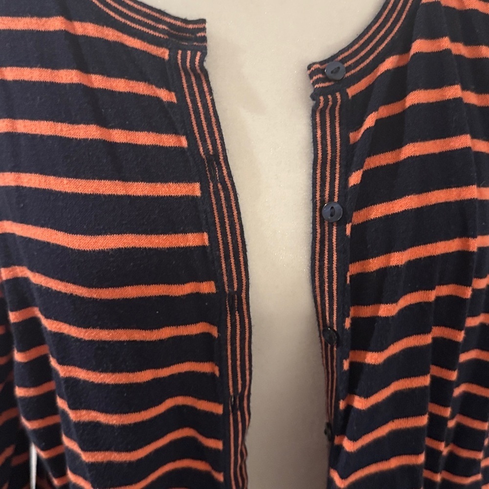 LOFT Navy and Orange Striped 100% Cotton lightweight cardigan, size XL - Picture 2 of 5